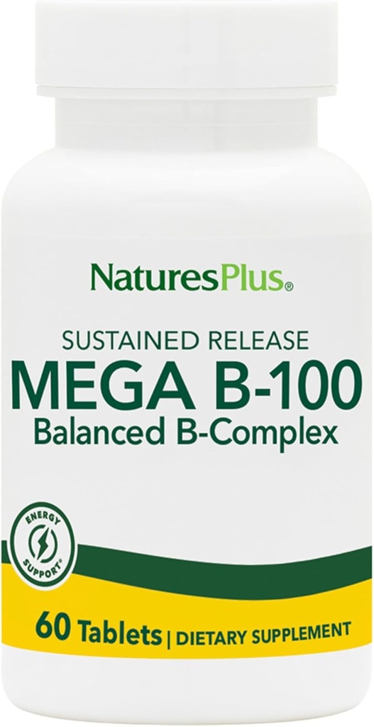 NaturesPlus Mega B-100 Complex - 60 Sustained Release Tablets - Balanced B Complex - Energy Support - Vegetarian, Gluten Free - 60 Servings