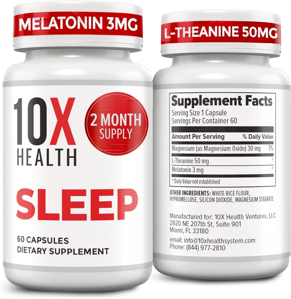 大人のための10X健康の睡眠の補足 - 60のカプセル - Melatonin 3mg、Lのテアニン、マグネシウムの補足、深いのためのマグネシウムの酸化物、よりよい残り及び弛緩 - 3-in-1自然な睡眠サポート