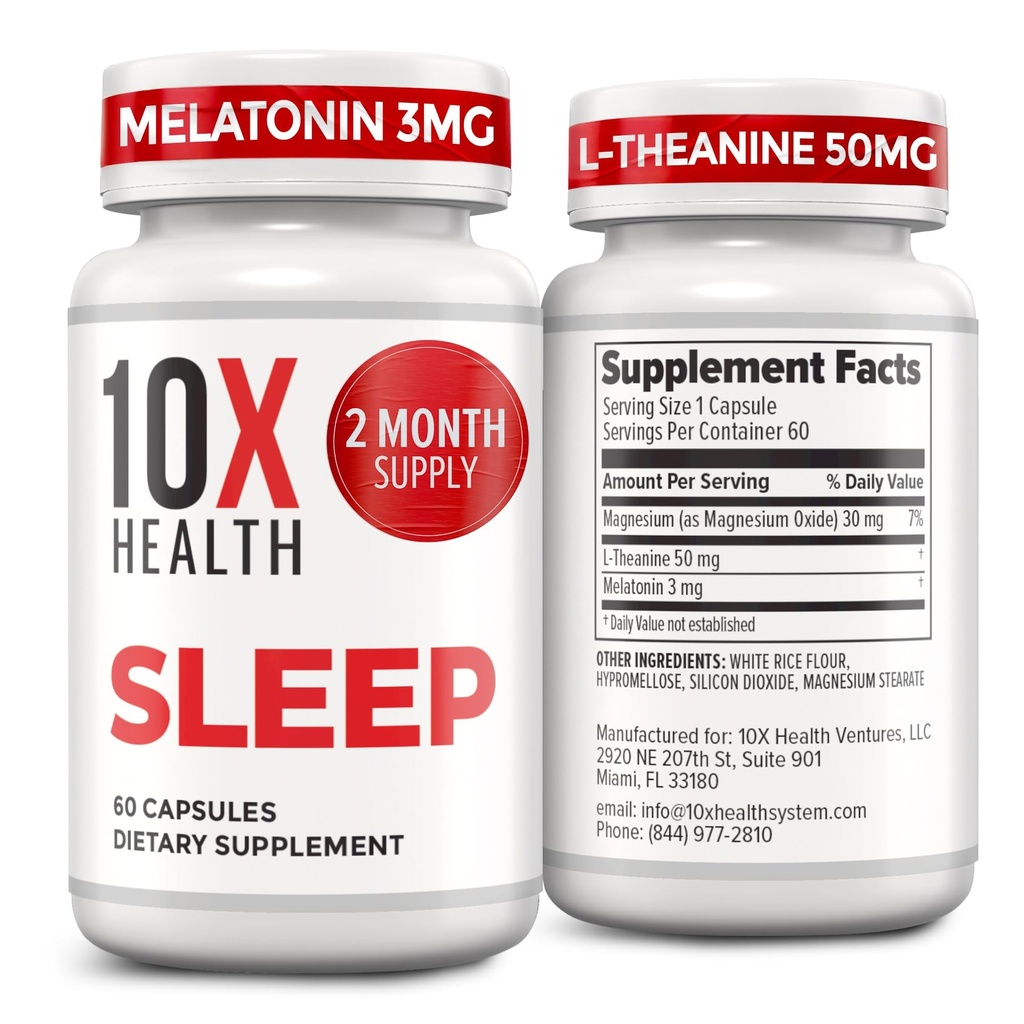 大人のための10X健康の睡眠の補足 - 60のカプセル - Melatonin 3mg、Lのテアニン、マグネシウムの補足、深いのためのマグネシウムの酸化物、よりよい残り及び弛緩 - 3-in-1自然な睡眠サポート