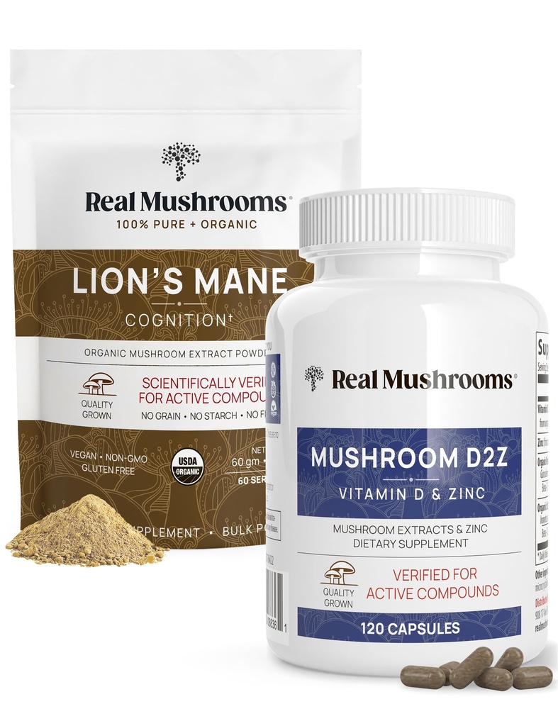 実質のきのこのビタミンD2、Chelated亜鉛、Chaga、Reishi (120ct)および有機性ライオンのマネの粉(60のサービング)の束-免除および認知サポート、改善された吸収-ビーガン、グルテンフリー、非GMO