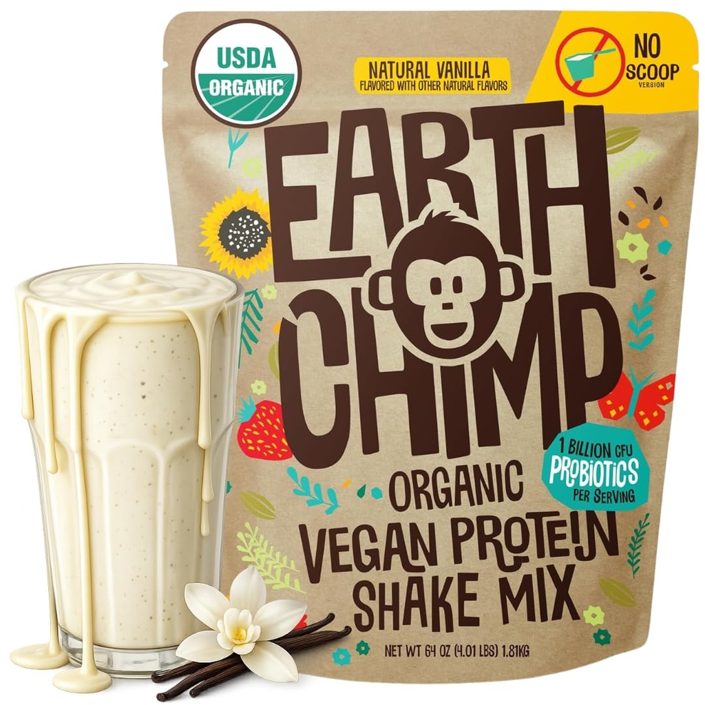 EarthChimp Organic Vegan Protein Powder - with Probiotics - Non GMO, Dairy Free, Non Whey, Plant Based Protein Powder for Women and Men, Gluten Free - 52 Servings 64 Oz (Vanilla) No Scoop
