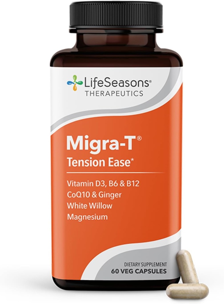 LifeSeasons Migra-T with Relieve-R PM - 片頭痛の予防と救済のサプリメント - 重度の頭痛をサポート - 光の音と臭気の感度を削減 - フィーバーフィー、ホワイトウィロー、マグネシウムジンジャー&CoQ10