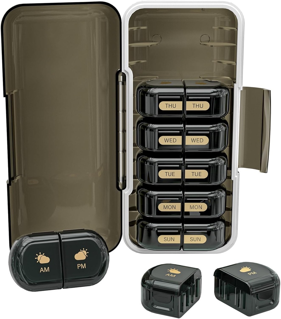 Weekly Pill Organizer 2 Times a Day, Moisture-Proof, Detachable Compartments, AM PM Pill Box 2X 7 Day, Travel Pill Organizer for Pills/Fish Oil/Medication/Vitamin/Supplements (Black)