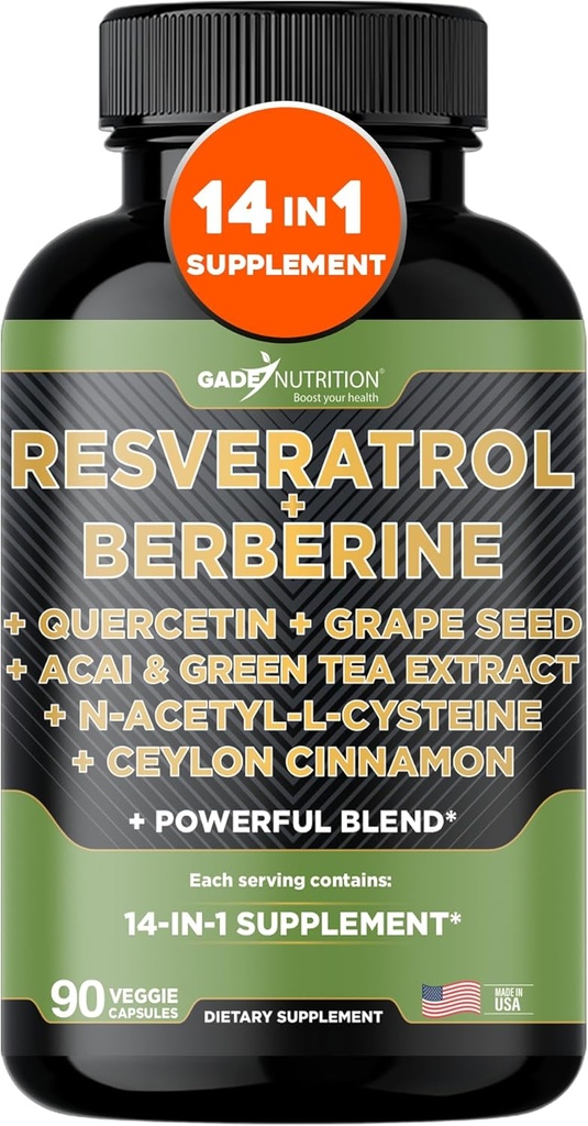Gade Nutrition Resveratrol Berberine Quercetin Grape Seed Extract Green Tea Extract N-Acetyl Cysteine - 14 in 1 Complex Supplement for Women & Men with Potent Antioxidants - Made in USA