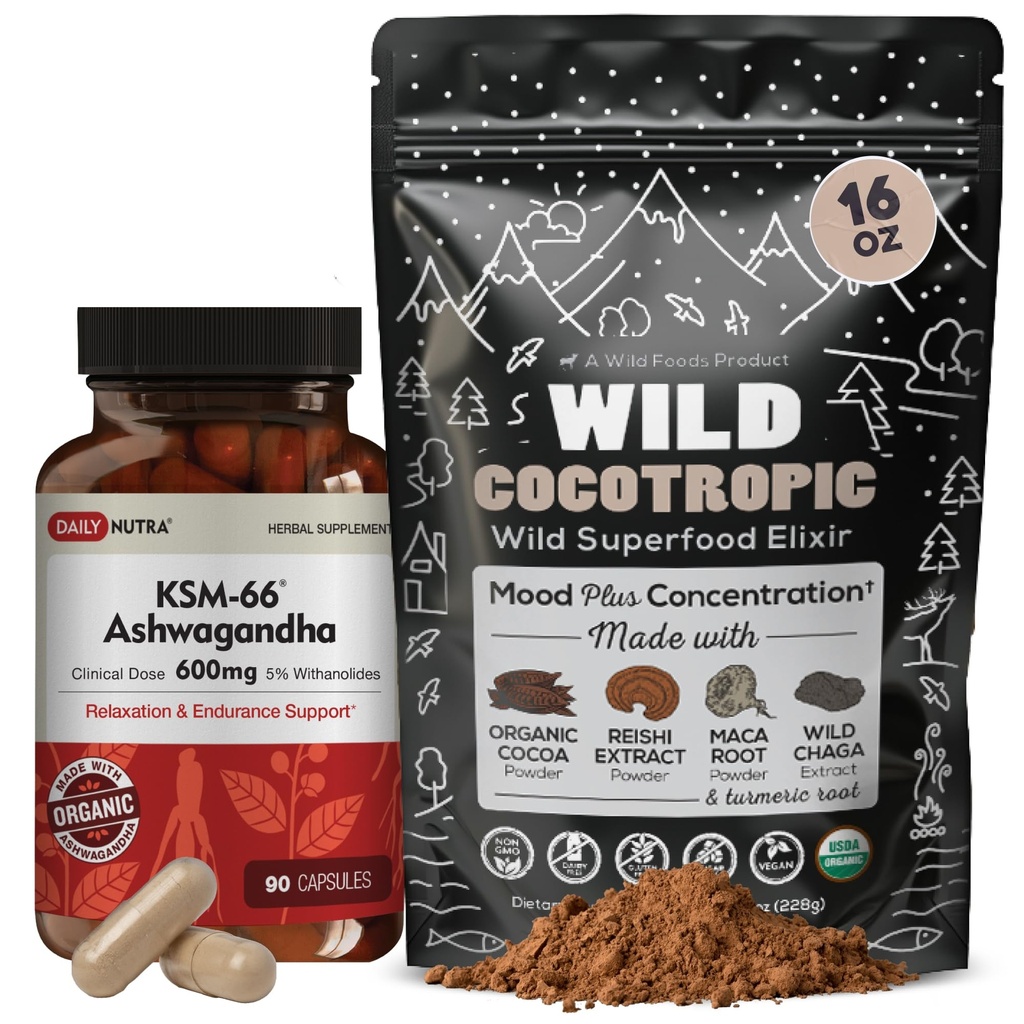 DailyNutra KSM 66 Ashwagandha(90カプセル)とマッシュルーム カカオミックス(16oz)のリラクゼーションとフォーカスのためのバンドル