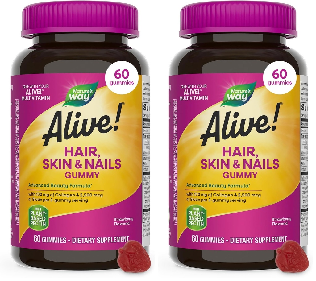 ネイチャーズ・ウェイ・アライブ! 毛、皮及び釘のガミー、Biotinおよびコラージュンの高度の美の方式*、いちごは味をつけました、60のガミー(包装5月Vary) (パッケージ2)