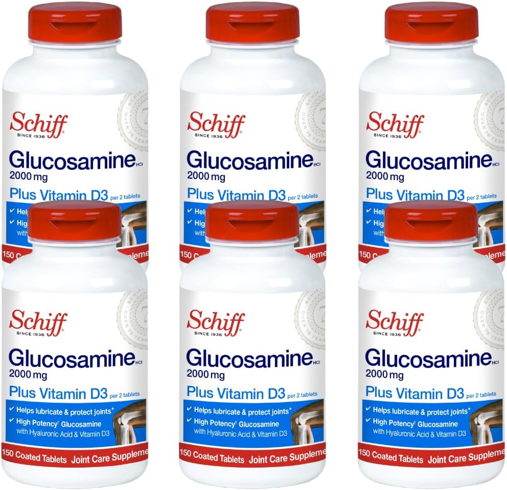 ビタミンD3およびHyaluronic酸、150のタブレットが付いているSchiff Glucosamine 2000mg - 共同補足(6のパック)