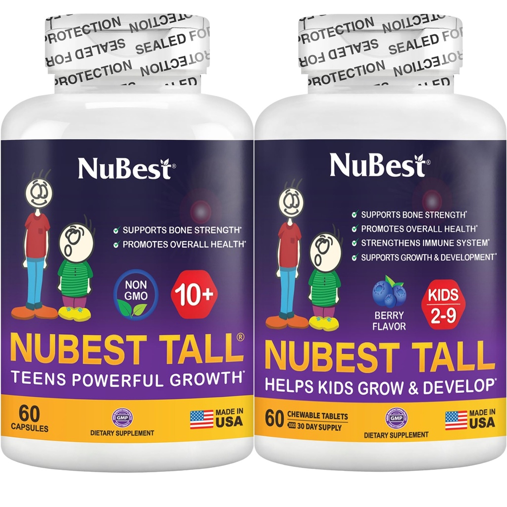 NuBest バンドルトール 10 + 60 カプセル背の高い子供 60 咀嚼可能なタブレット | 子供のための高さの成長サポート | カルシウム、ビタミン D3 K2、コラーゲン&ハーブ