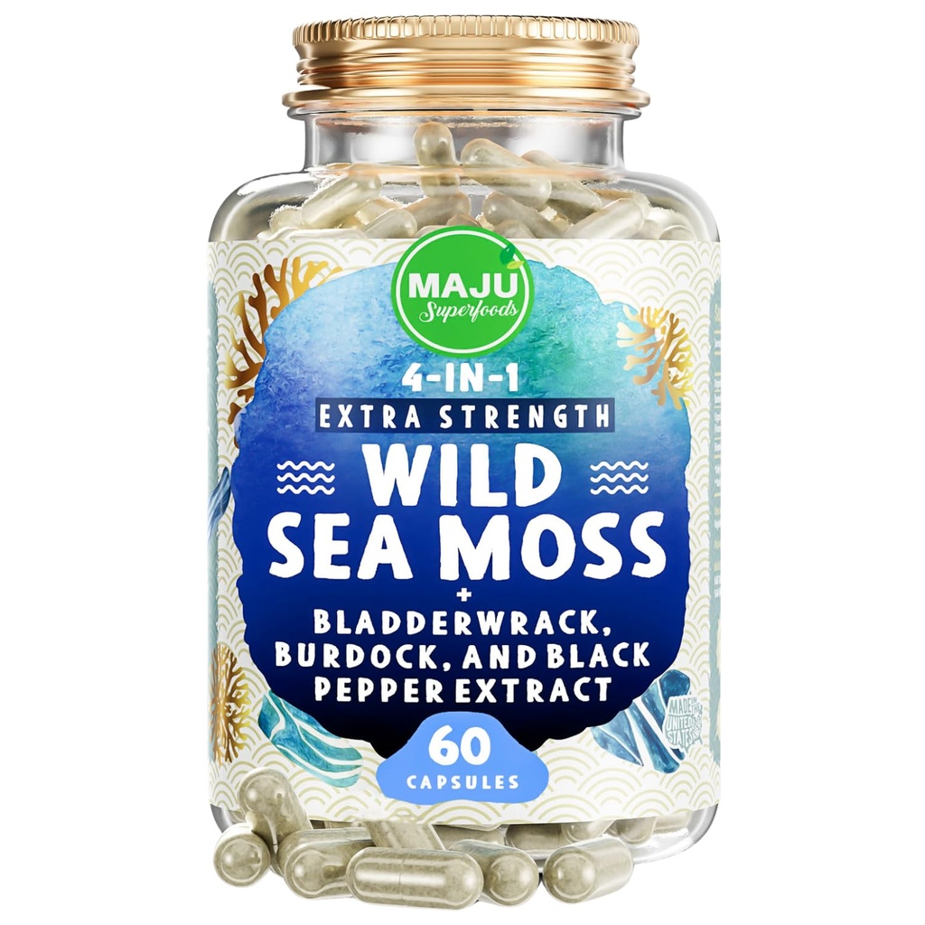 MAJU 4-in-1有機海苔カプセル、ワイルドコンドラスCrispus、Seamoss w/Bladderwrack + Burdock Root、ゲル、アイリッシュ、Sebi Inspired Raw Powder in Pills、500mgカプセル(60カラット)
