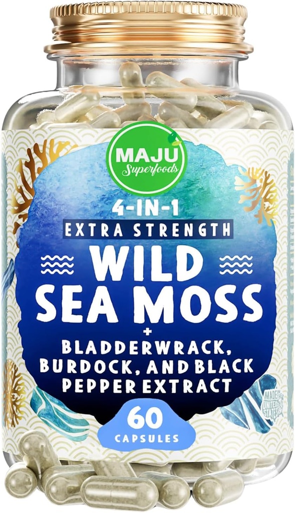 MAJU 4-in-1有機海苔カプセル、ワイルドコンドラスCrispus、Seamoss w/Bladderwrack + Burdock Root、ゲル、アイリッシュ、Sebi Inspired Raw Powder in Pills、500mgカプセル(60カラット)