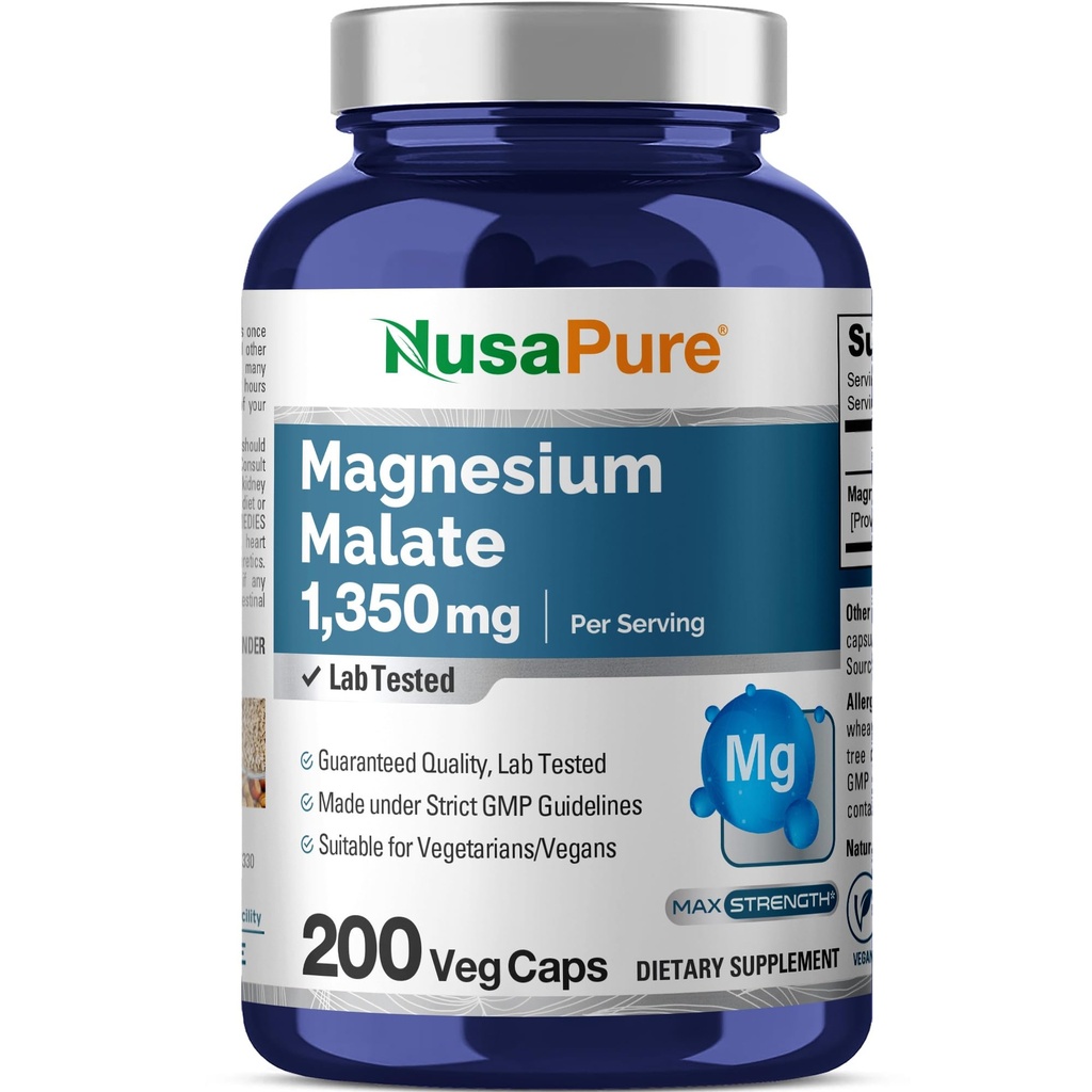 ヌサピュアマグネシウムマレート1350mg 200ベジーカプセル(ヴィーガン、非GMO、ビーガン)