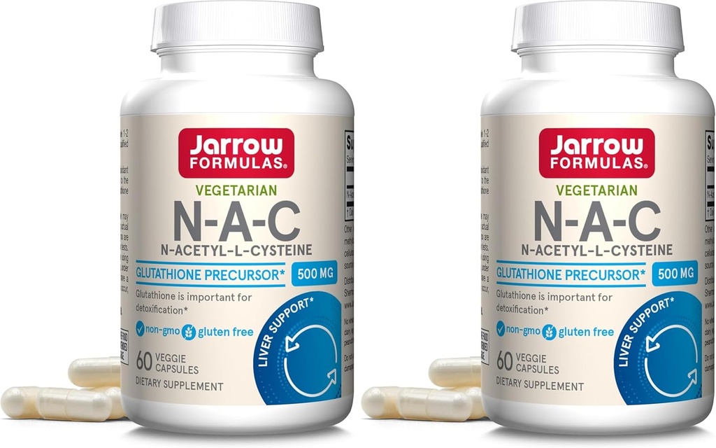 JarrowフォーミュラN-A-C 500mg - 抗酸化アミノ酸サプリメントは、細胞の健康と肝臓機能をサポート - グルタチオンへのプレカーサー - 最大60の給餌(野菜キャップ)(パッケージ2)