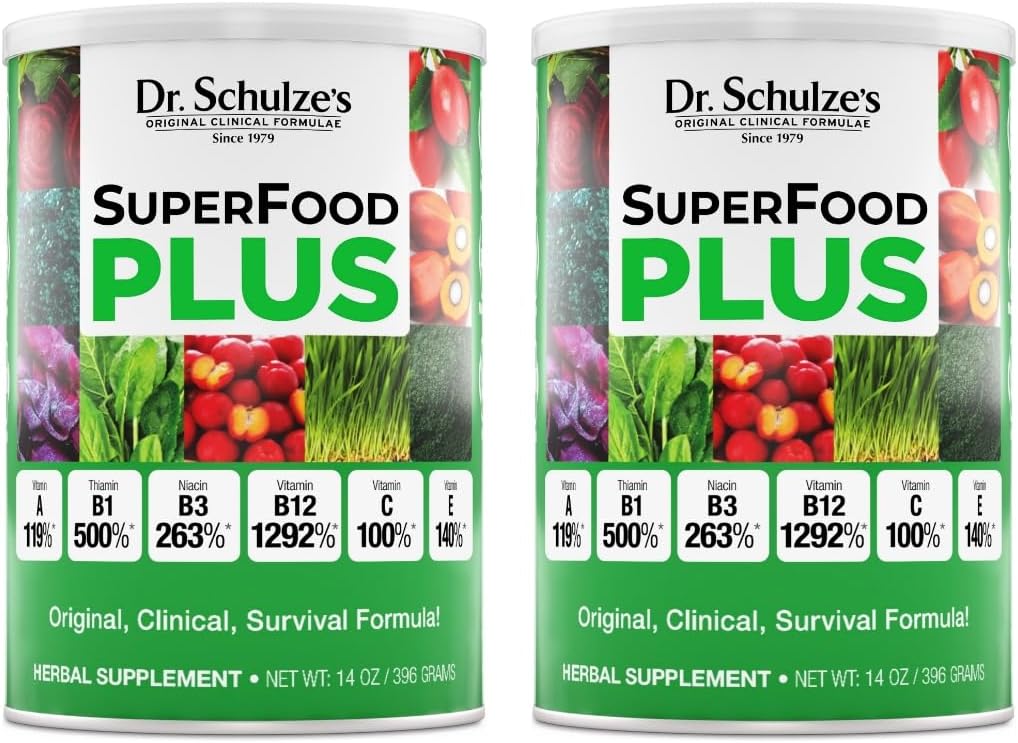 Dr. Schulze's SuperFood Plus | Vitamin and Mineral Herbal Concentrate | Daily Nutrition | Gluten-Free and Non-GMO | Vegan | 14 Ounce Powder | 2-Pack