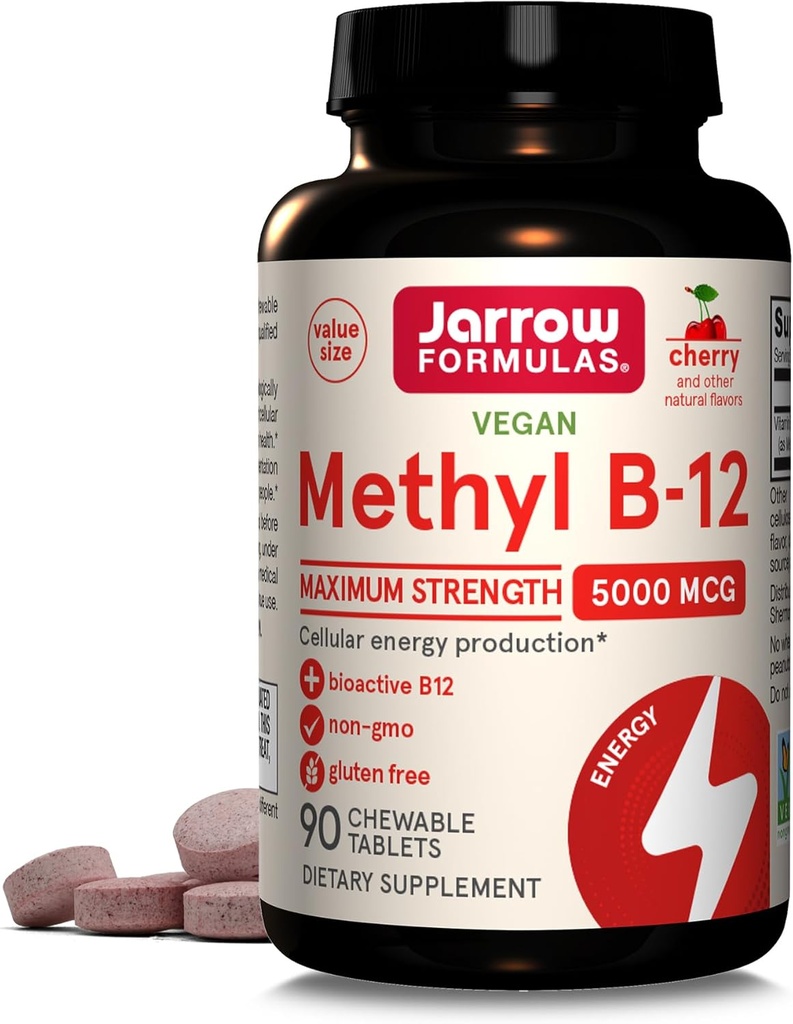 JarrowフォーミュラビタミンB12 5000 mcg - セルラーエネルギーと脳の健康、90チェリーChewable錠、B12ビタミン5000 mcgの最大強度