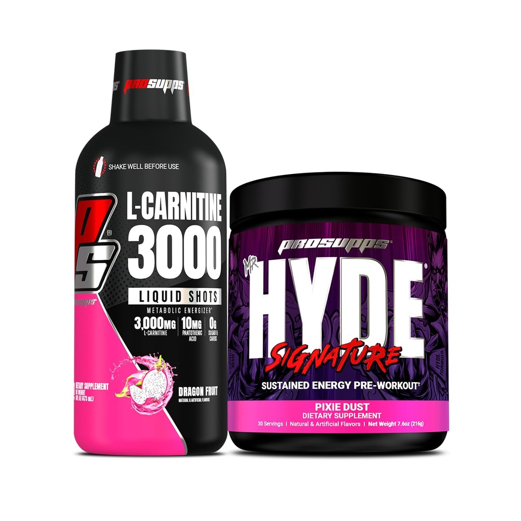 PROSUPPS L-カルニチン3000興奮剤フリー液体ショット(31サービング、ドラゴンフルーツ)とハイドシグネチャーシリーズプレワークアウトエナジーパウダードリンク(30サービング、ピクシーダスト)バンドル