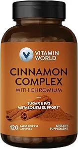 Vitamin World Cinnamon Complex with Chromium, 1000 mg Cinnamon Supplements with High-Potency Chromium for Healthy Metabolism & Antioxidant Protection, 120 Capsules, 2 Month Supply, Gluten Free