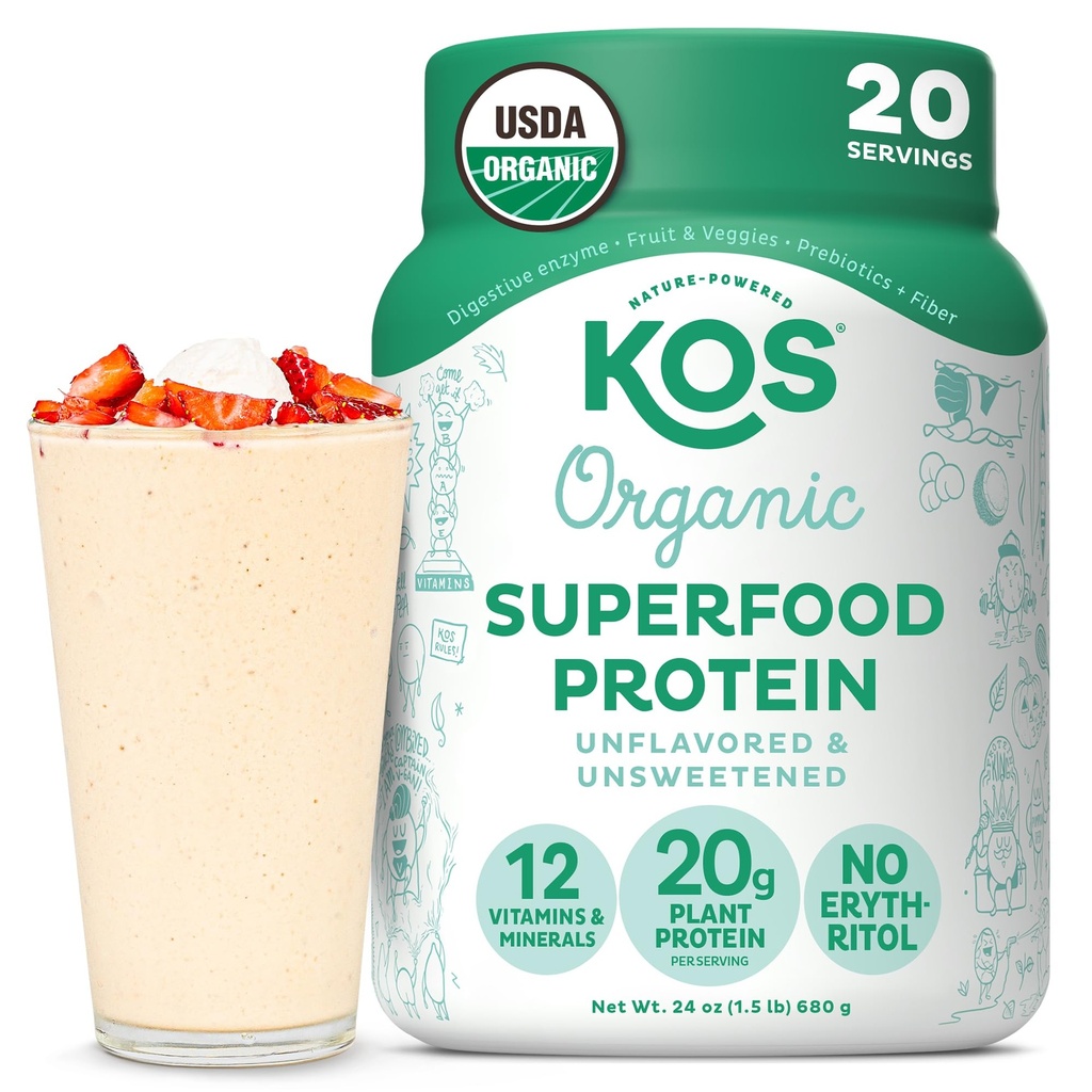 KOSビーガンプロテインパウダー、アンフレーバー&Unsweetened - 低炭水化物ピーアプロテインブレンド、ビタミン&ミネラルの有機スーパーフードリッチ - Keto、大豆、乳製品無料 - 女性&男性のための食事の交換 - 20のサービング