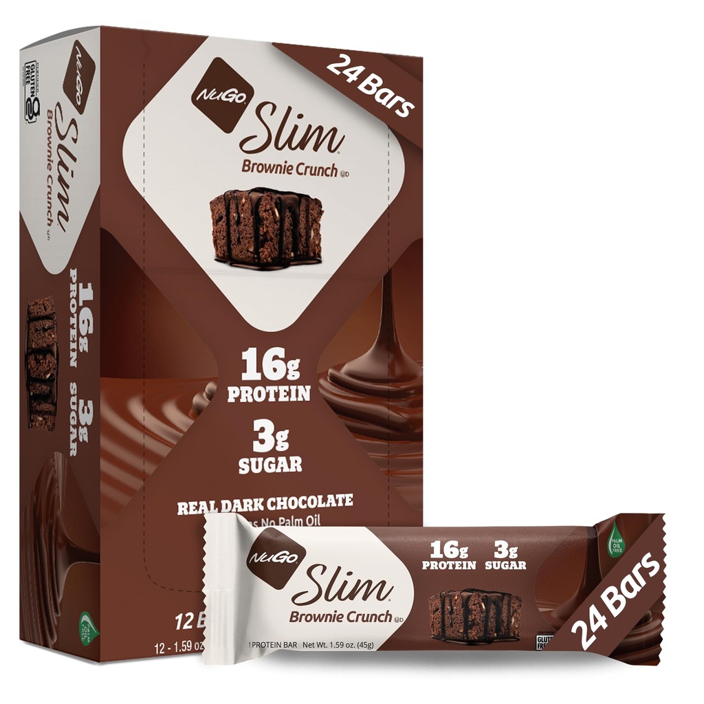 Nugo スリム ダーク チョコレート Brownie Crunch, 16g タンパク質, 2g 砂糖, 7g 繊維, 低ネット 炭水化物, Keto フレンドリー, グルテンフリー, 24 カウント
