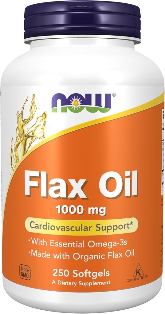 NOW Foodsは、有機亜麻油1,000mg、心血管サポート*、250 Softgelsを補います