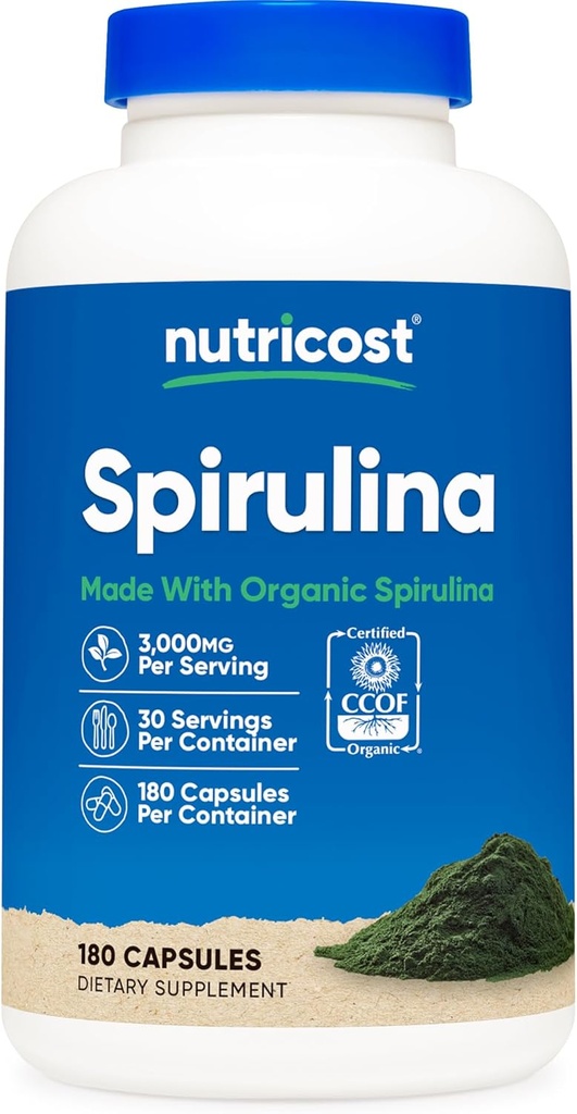 Nutricost Spirulina 3,000mg, 180 カプセル 30 サービング - CCOF 認定 有機スピルリナ、グルテンフリー、ベジタリアン