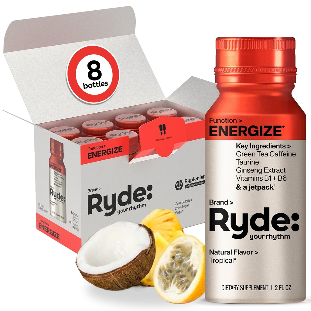 Ryde: Energize Shot | トロピカルフレーバー | 緑茶カフェイン・タウリン・ギンエキス・B ビタミン | 0 カロリー・0 砂糖 | 2 FL OZ シュート | ブーストエナジー(8パック)