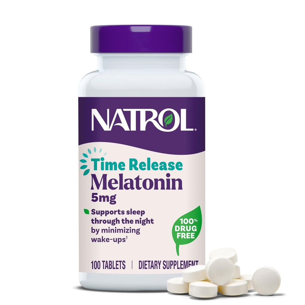 Natrol Melatonin 5 mg のタイム リリース, ウェイクアップを最小化する栄養補助食品, 夜間の睡眠補助金, 100 錠, 最大 100 日の供給