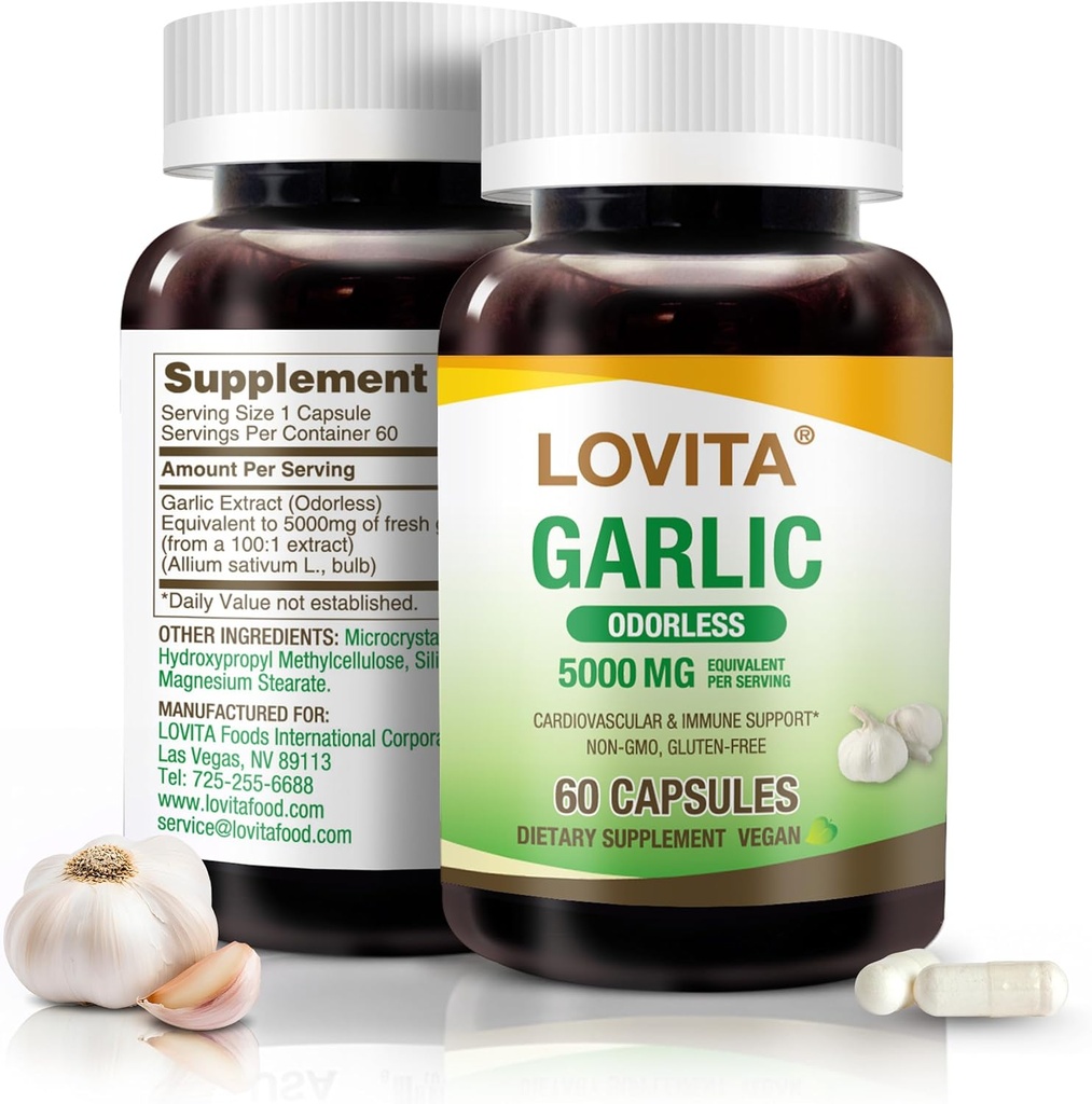 Lovita 無臭のニンニクのカプセル、5000mg の新しいニンニクの等価、1.25% アリシンのエキス、サポート心、血圧、コレステロール及び免疫システム、非GMO、グルテンフリー、60 ビーガンカプセル