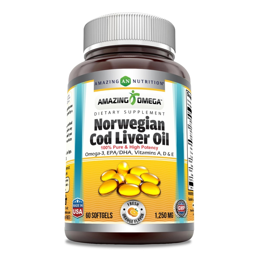 驚くべきオメガノルウェータラ肝油1250 Mg Softgelsサプリメント | Omega-3、EPA、DHA、ビタミンA、ビタミンD&ビタミンE(オレンジ | 60カウント)