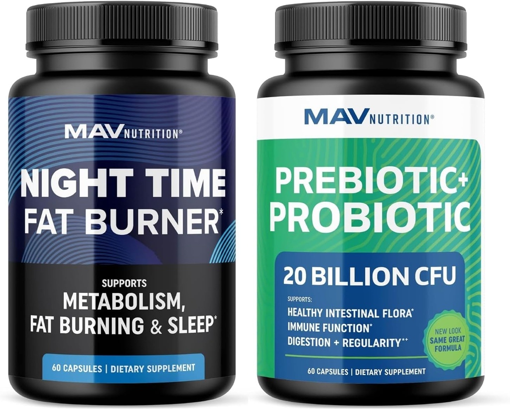 MAV NUTRITIONナイトタイム脂肪バーナーカプセルとプロバイオティクス&プレバイオティックカプセル | 胃脂肪燃焼ガット健康サポートのための一晩代謝ブースター | 包括的な消化器ウェルネス