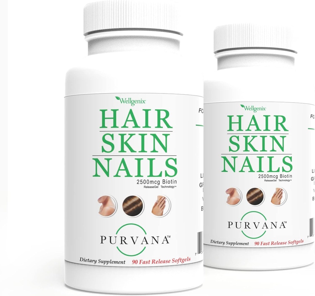 WellgenixのPurvanaの毛、皮および釘の高い吸収のためのビタミンのSoftgels -倍の強さ2500mcgのBiotin、VIT A及びB (90の計算) 2のパック