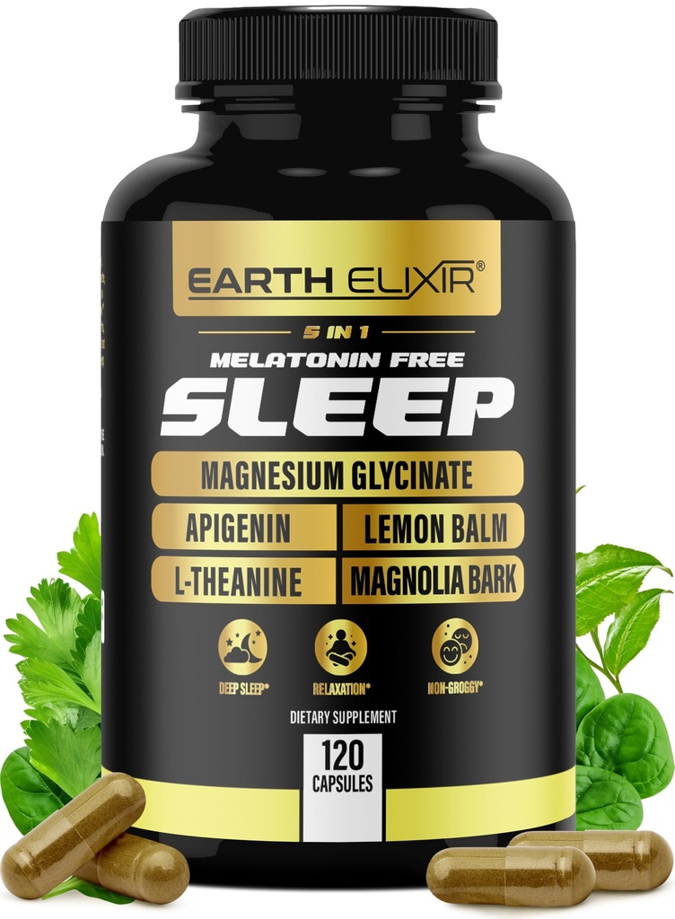 地球エリクサー 4-in-1 睡眠補助金 (120 キャップ) w/Apigenin 50mg、マグネシウム グリシン 200mg、L テアニン 200mg & 睡眠補助金 300mg | 睡眠補助金 | 睡眠薬