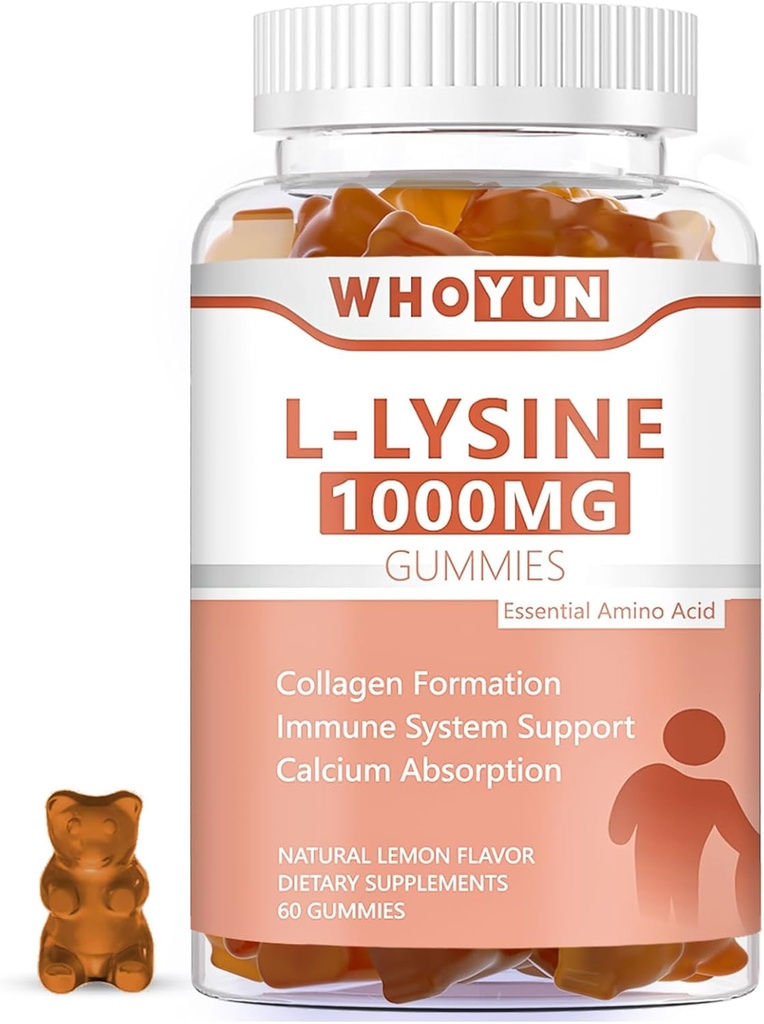 L-Lysine 1000mgグミー、大人のためのChewable Lysineの補足、免疫サポート、コラーゲンの形成サポート、レモン味、60の計算