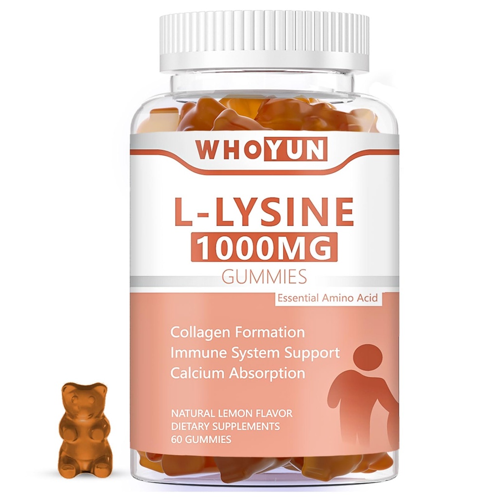 L-Lysine 1000mgグミー、大人のためのChewable Lysineの補足、免疫サポート、コラーゲンの形成サポート、レモン味、60の計算