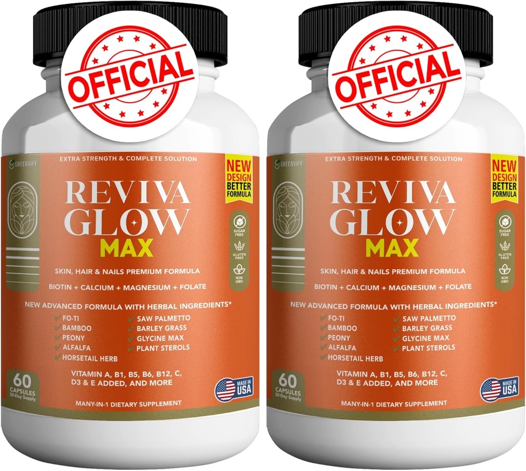 Reviva Glow Max - Hair, Skin & Nails Support Supplement | Biotin, Calcium, Magnesium, Folate & Herbal Blend | Premium Formula | 120 Capsules, Vegan & Gluten-Free