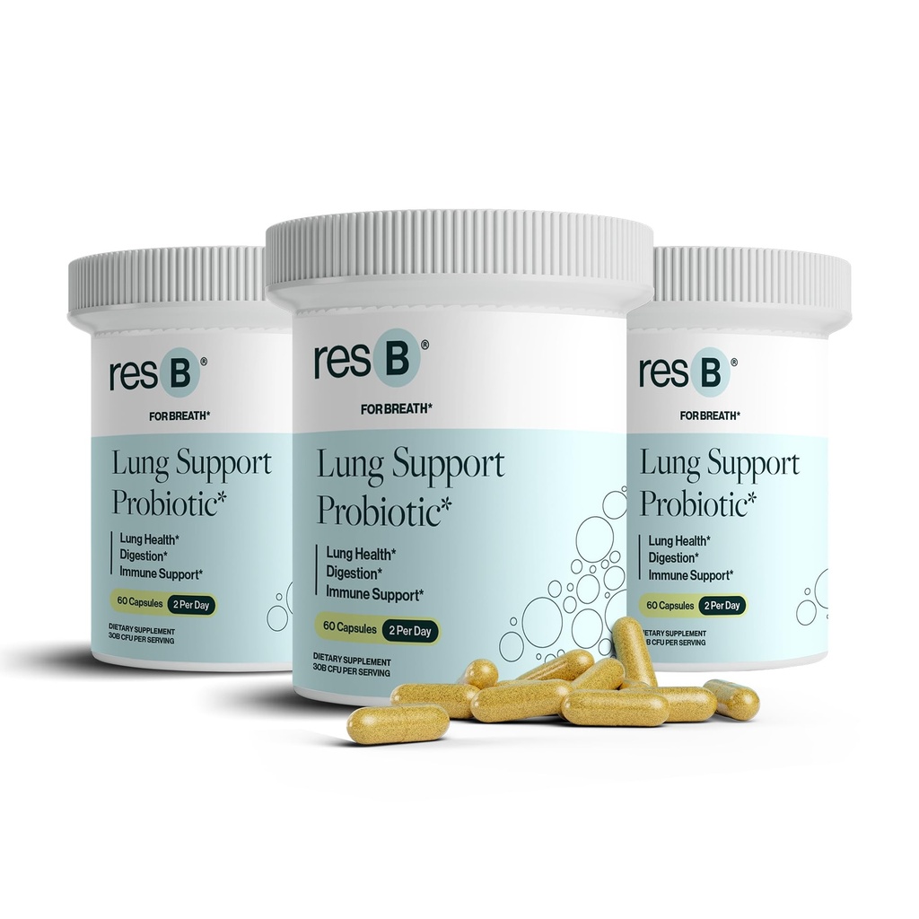 Resbiotic resB Lungサポートプロバイオティックサプリメント - 喫煙者、腸の健康、免疫サポート、呼吸器ケア、聖バジル、ターメリック、臨床試験 - 180カプセル(3ボトル)