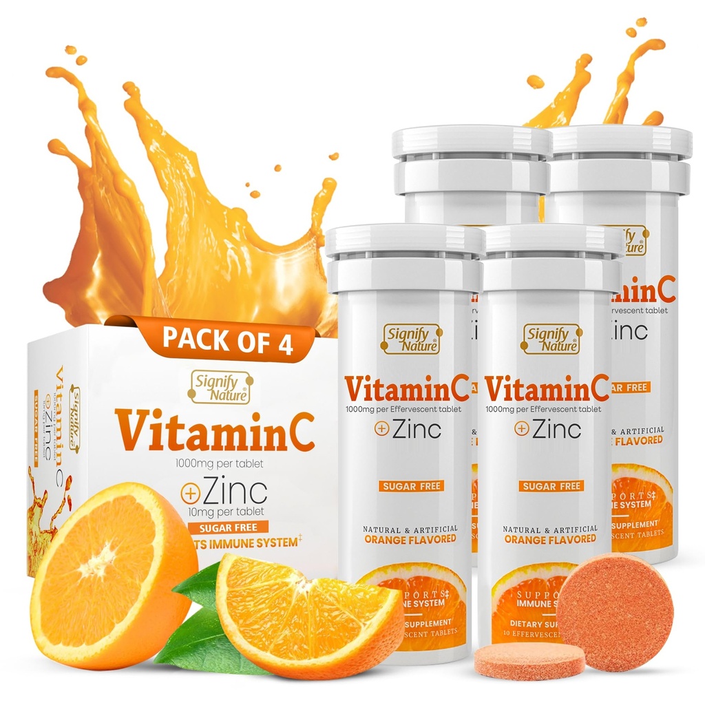 SIGNIFY NATUREビタミンC 1000mg Effervescent錠 - 亜鉛サプリメントと強力な免疫サポートVIT C - 砂糖フリー&ビーガンフォーミュラ  解体可能なビタミンC錠 - 水溶性のFizzy Elixir - 40CT