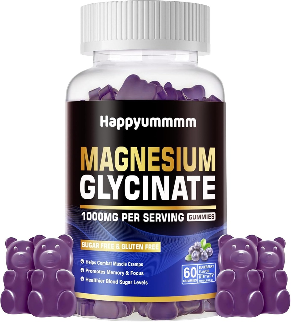 マグネシウムのGlycinateのガミー1000mg - 砂糖はビタミンD、B6、CQ10のCalmの気分及び睡眠サポートとマグネシウムのカリウムの補足- 60のブルーベリーのガミーを放します