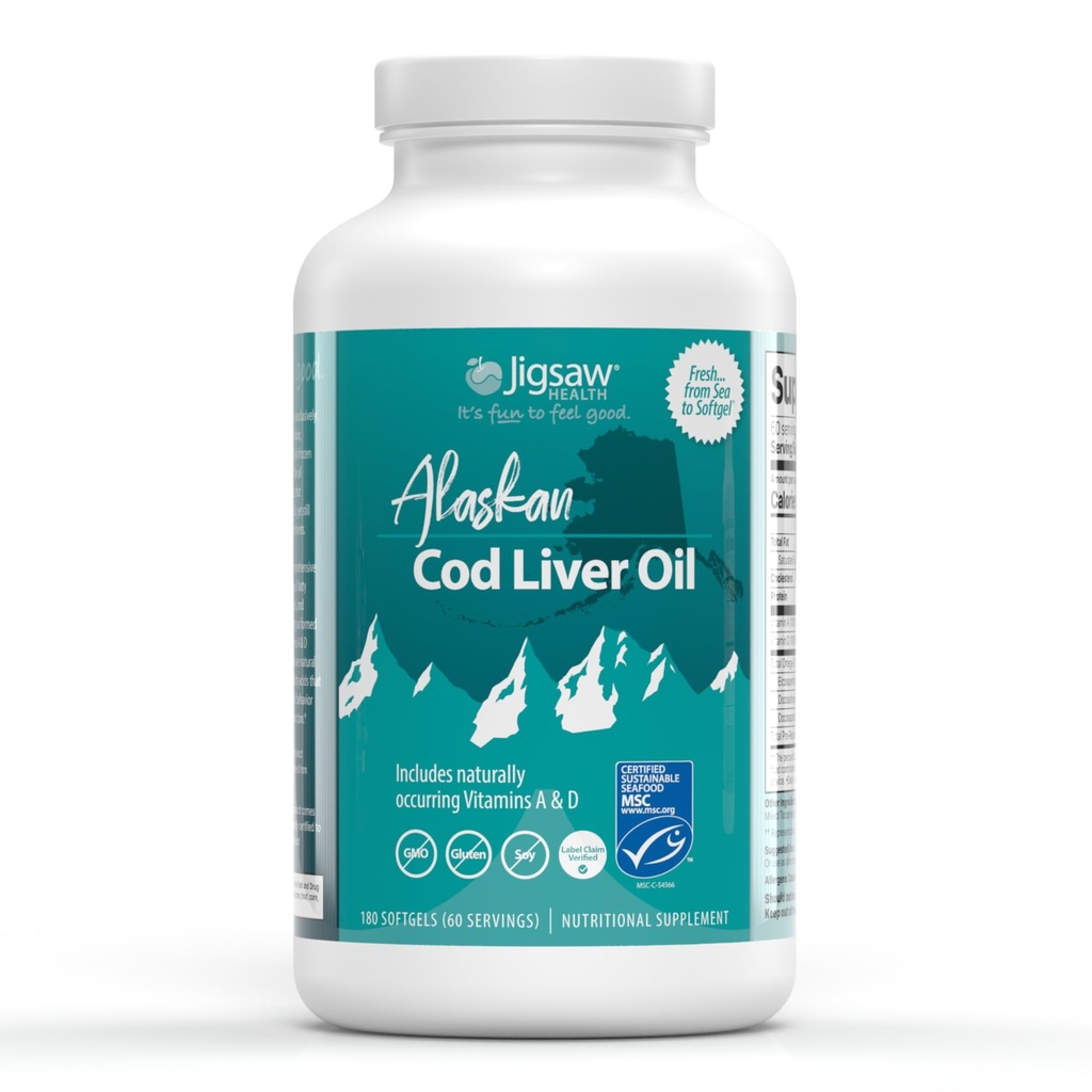 Jigsaw Health Alaskan Cod Liver Oil | 900 mg Omega-3s with EPA、DHA、DPA | 天然に摂取するビタミンA&Dが含まれています | 180 Softgels | 60 サービング