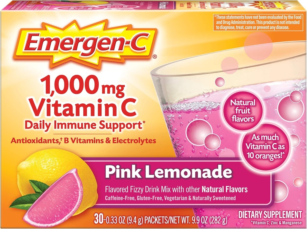 Emergen-C 1000mgビタミンCパウダー、抗酸化剤、ビタミンBおよび電解液、免疫サポートのための免疫サプリメント、カフェインフリーフィジードリンクミックス、ピンクレモナード味 - 30カウント(パッケージ12)