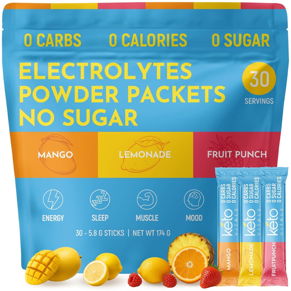 Keto Vitalsオリジナル電解液パウダーパック | ケトフレンドリー電解液パック | 砂糖フリー電解液 | エナジードリンクミックス | ゼロカロリーゼロカラブ(オリジナルアソート、30カウント)