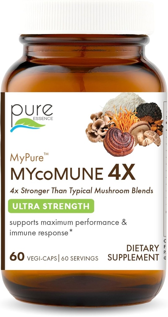 MYcoMune 4Xオーガニックマッシュルーム - Reishi, Lion's Mane, Cordyceps, Chaga, Shiitake, Maitake for Immune System, Combat Stress, 純粋なエッセンスでエネルギーを構築 - 60キャップ
