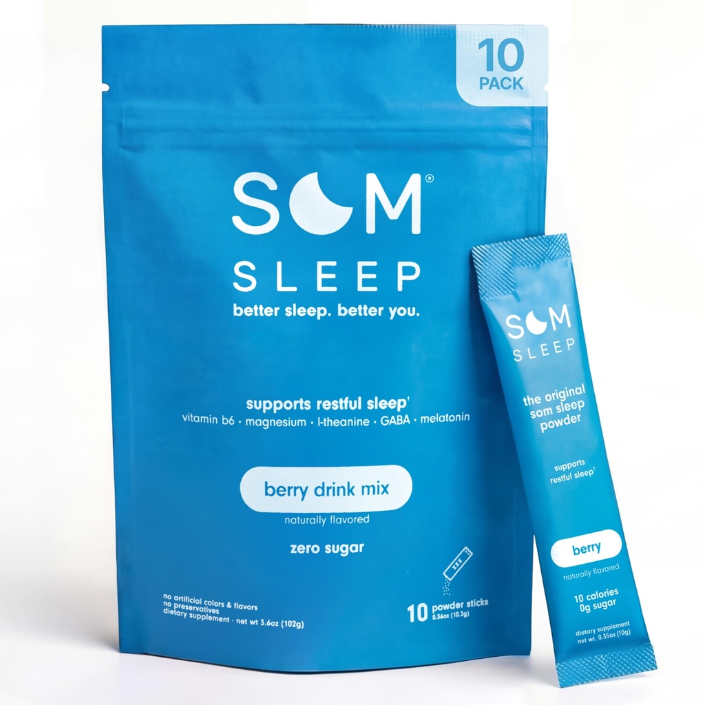 Som Sleep, Calm Sleep Powder Drink Mix, 3mg Melatonin, マグネシウム, ビタミンB6, L-Theanine & GABA – ビーガン, ゼロシュガー, ケトフレンドリー – ベリー, 10-パック