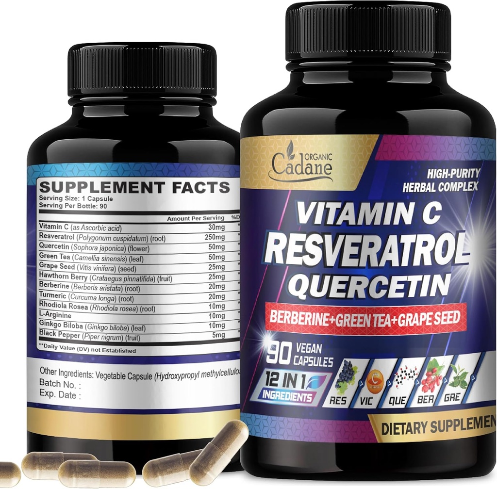有機カダインレスベラトロールサプリメント - 12in1は、VIT.C、ケルセチン、ベルベリン、ターメリック、グリーンティーとブレンド - 90カプセル3ヶ月