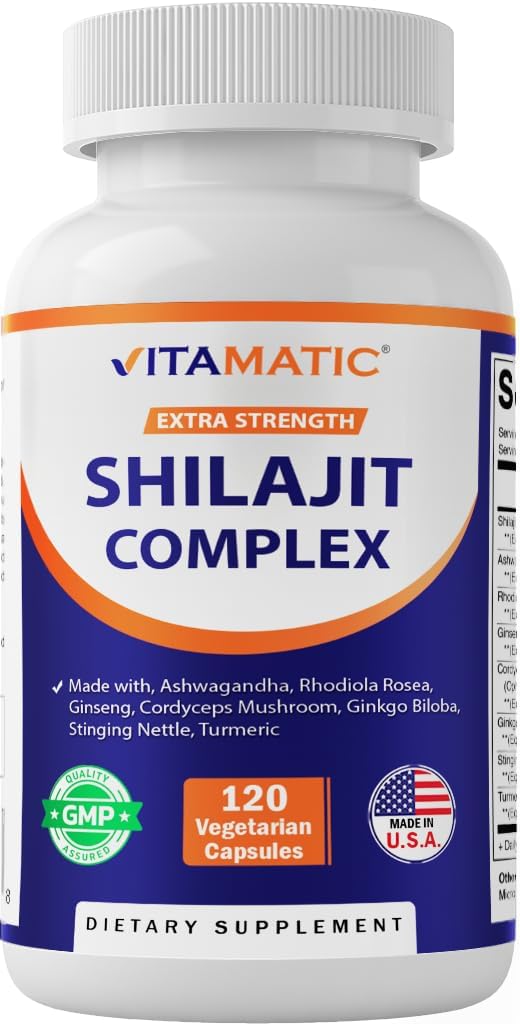 Vitamatic Shilajitコンプレックスカプセル、Ashwagandha、Rhodiola、Ginseng、Cordyceps、Ginkgo、Nettle、Turmeric - 120 Veggieカプセル - 男性と女性のための余分な強さのシラジットのエキス
