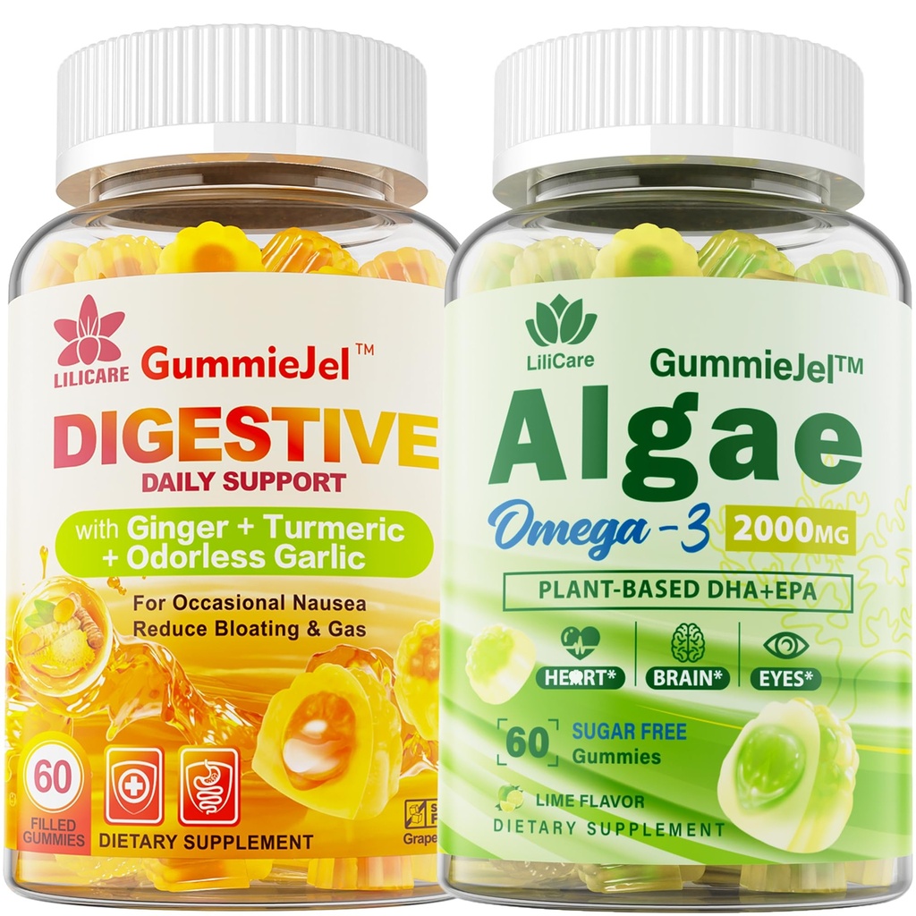 LILICAREの砂糖640mg DHA及び290mg EPA、Multivitamin、CoQ10、アスタキサンチン+のジンジャーが付いている自由なオメガ3脂肪酸2000mgはNauseaのためのガミーを満たしました-胃の救助-消化器サポートのための超吸収