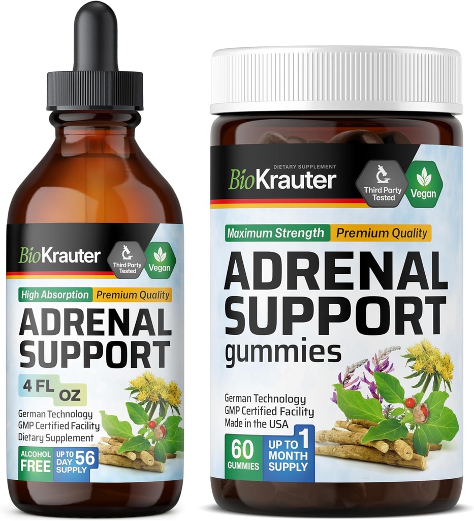 BIO KRAUTER Adrenal Support 60 Gummies & Adrenal Support Tincture 4 Fl. Oz. .
