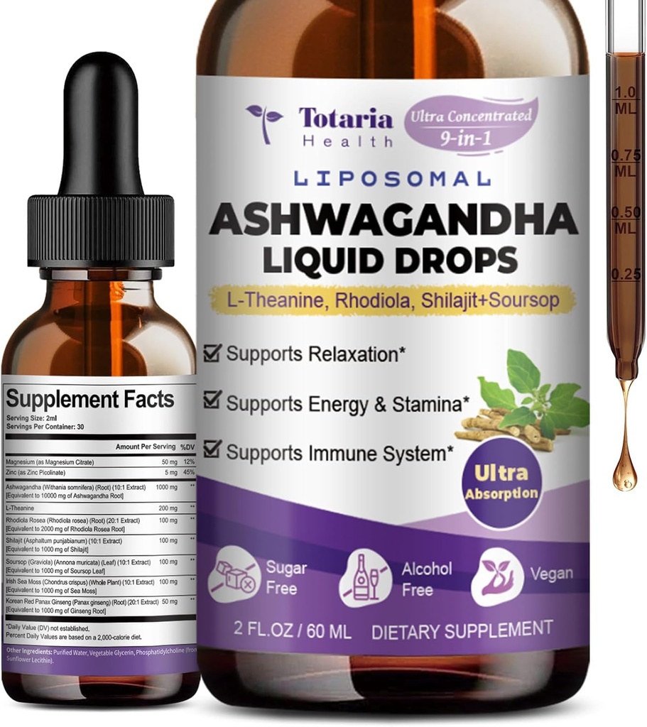 Totaria Liposomal Ashwagandha Liquid Drops (7% Withanolides) w/Soursop Bitters, L-Theanine, Magnesium, Shilajit, Maximum Absorption, Natural Energy, Cortisol Health for Women & Men, Non-GMO, 2 Fl Oz
