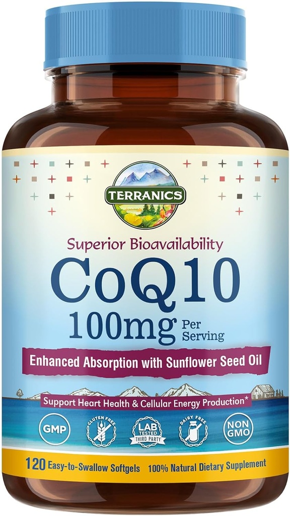 Terranics CoQ10 100mg、120のSoftgelsの余分バージンのオリーブオイル、中心の健康及びエネルギーの生産の吸収