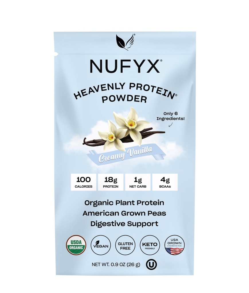 NUFYX® • 天国のプロテイン® パウダー • 世界で最も良い 100% オーガニック アメリカ 成長したエンドウ豆 • グルテンフリー • 低炭水化物 (クレミー ・ バニラ, パケット)