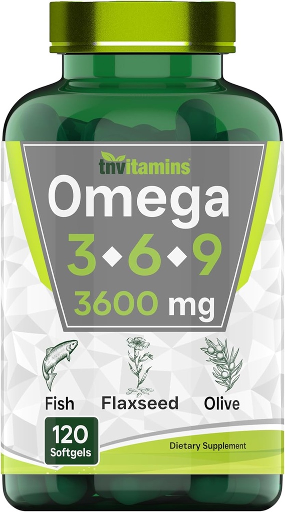 tnvitamins トリプルオメガ 3◆ 6◆ 9:3600mg x 120 Softgels | 魚油(EPA&DHA)、亜麻仁(ALA&LA)、オリーブオイル(OA) | 女性&男性向けサプリメント | 非GMO